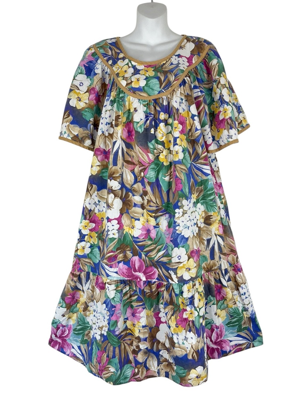 Vintage Colors Floral Tiered Muumuu Kaftan Tunic Hawaiian Style Dress Size Large